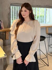 Bijouette Plus Size Women's Spring/Autumn Elegant Lady Style Minimalist Solid Color Shoulder Big Bow Decor Ruffle Sleeve Blouse Fall - Apricot - View 8
