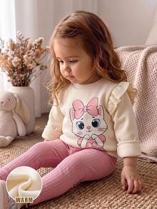 SHEIN 2件組幼兒女嬰運動衫與內搭褲套裝，可愛甜美粉色奶油貓咪圖案，蝴蝶結荷葉邊長袖圓領加厚款，適合假期秋季芭蕾公主風 - 白色 - 查看 1