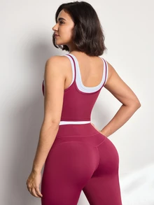 StreetHx Women's Colorblock Top And Leggings Casual Modest Athleisure Daily Sports Set Activewear Gym Burgundy Fall - Burgundy - View 3