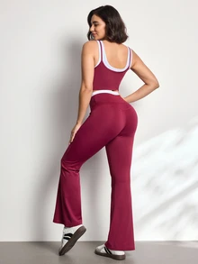 StreetHx Women's Colorblock Top And Leggings Casual Modest Athleisure Daily Sports Set Activewear Gym Burgundy Fall - Burgundy - View 8