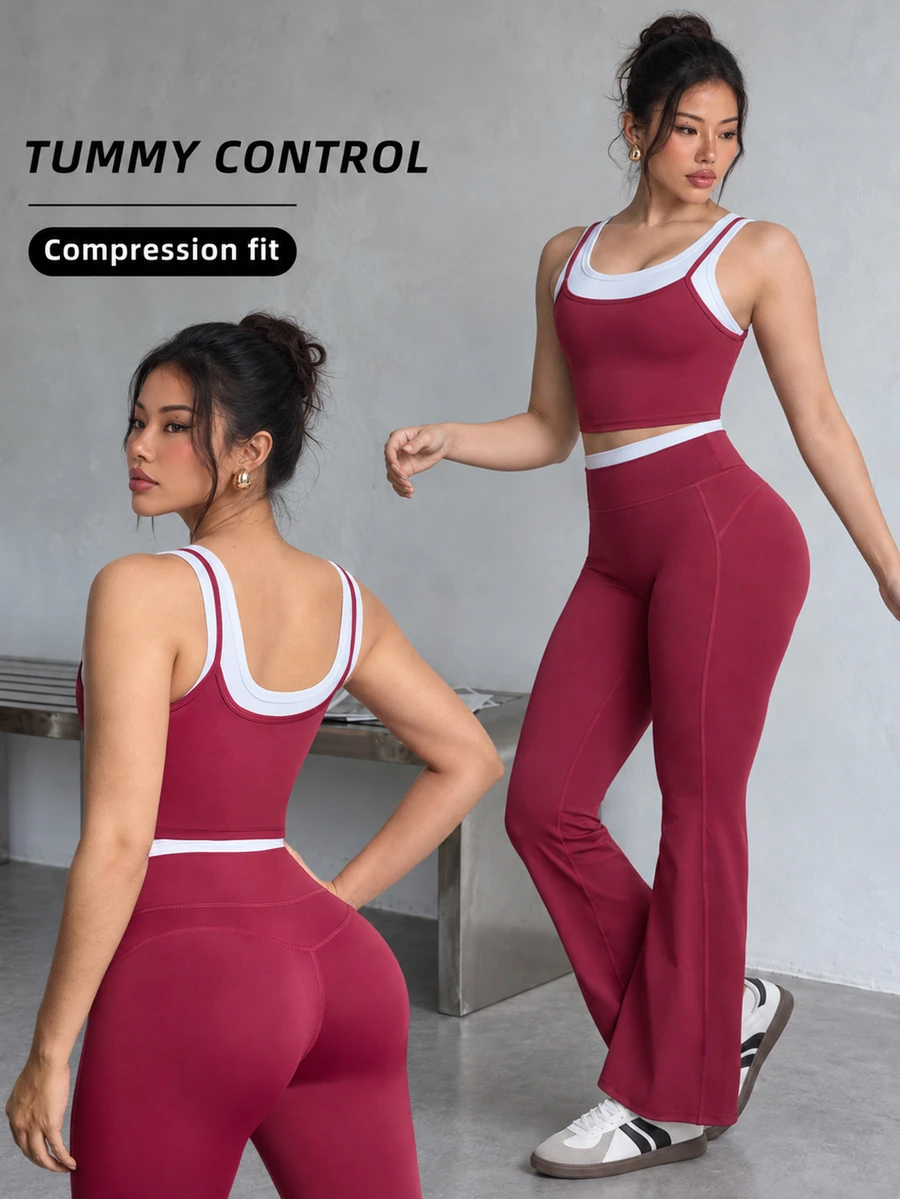 StreetHx Women's Colorblock Top And Leggings Casual Modest Athleisure Daily Sports Set Activewear Gym Burgundy Fall - Burgundy - View 1