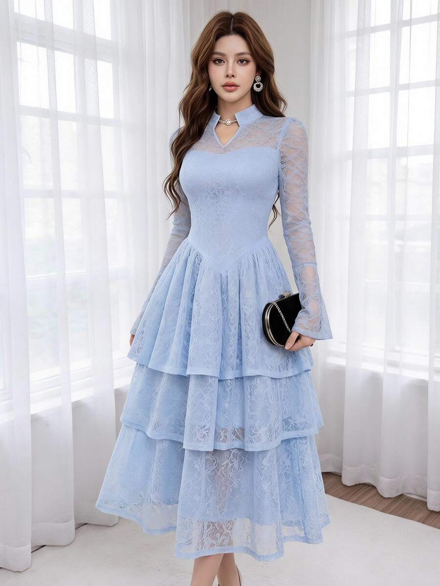 Feyla Women's V-Neck Long Sleeve Ruffle Hem Elegant Lace Mid-Length Dress - Baby Blue - View 1