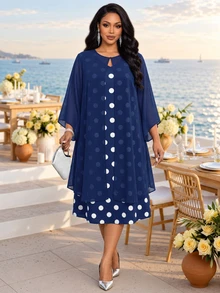 Fleurora Plus Size Women's Solid Color Cardigan Polka Dot Pattern Dress 1920 Vintage 2 Pieces Set Wedding Birthday Christening Guest Cocktail Navy Blue Autumn - Navy Blue - View 1
