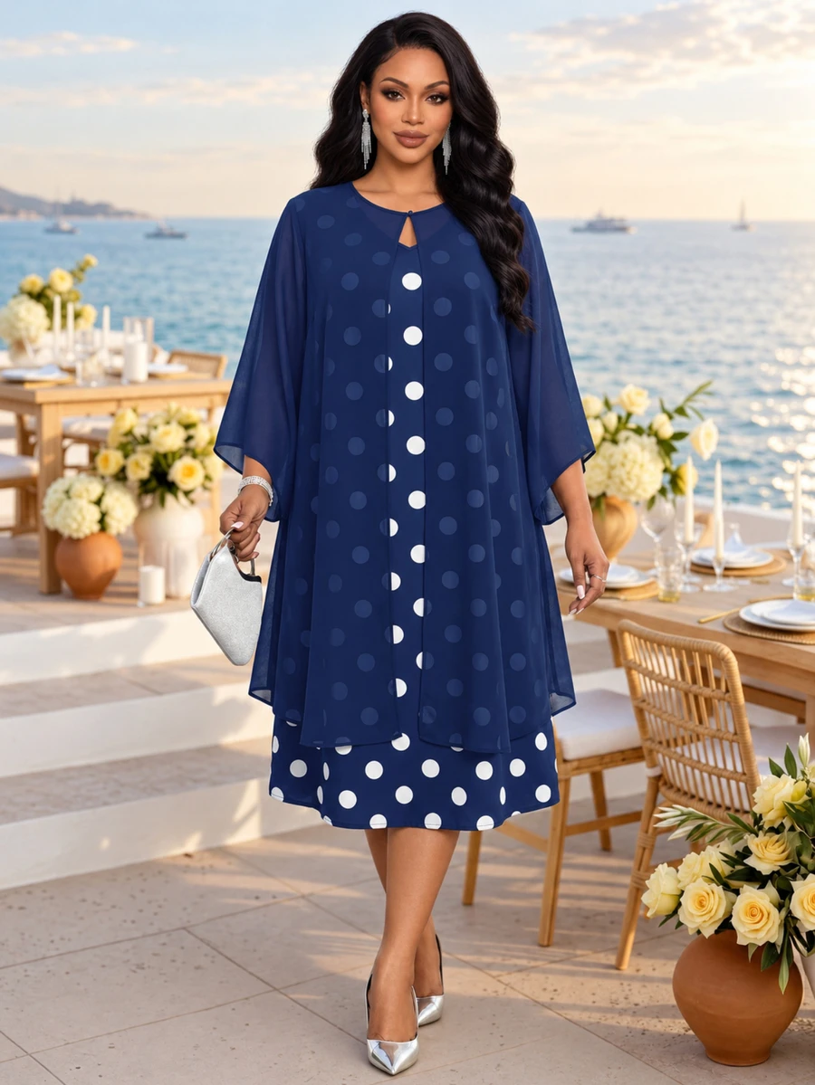 Fleurora Plus Size Women's Solid Color Cardigan Polka Dot Pattern Dress 1920 Vintage 2 Pieces Set Wedding Birthday Christening Guest Cocktail Navy Blue Autumn - Navy Blue - View 1
