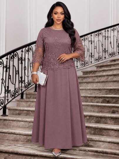 Fleurora Vestido elegante de talla grande para mujer con cuello redondo, manga 3/4 y encaje en contraste para otoño