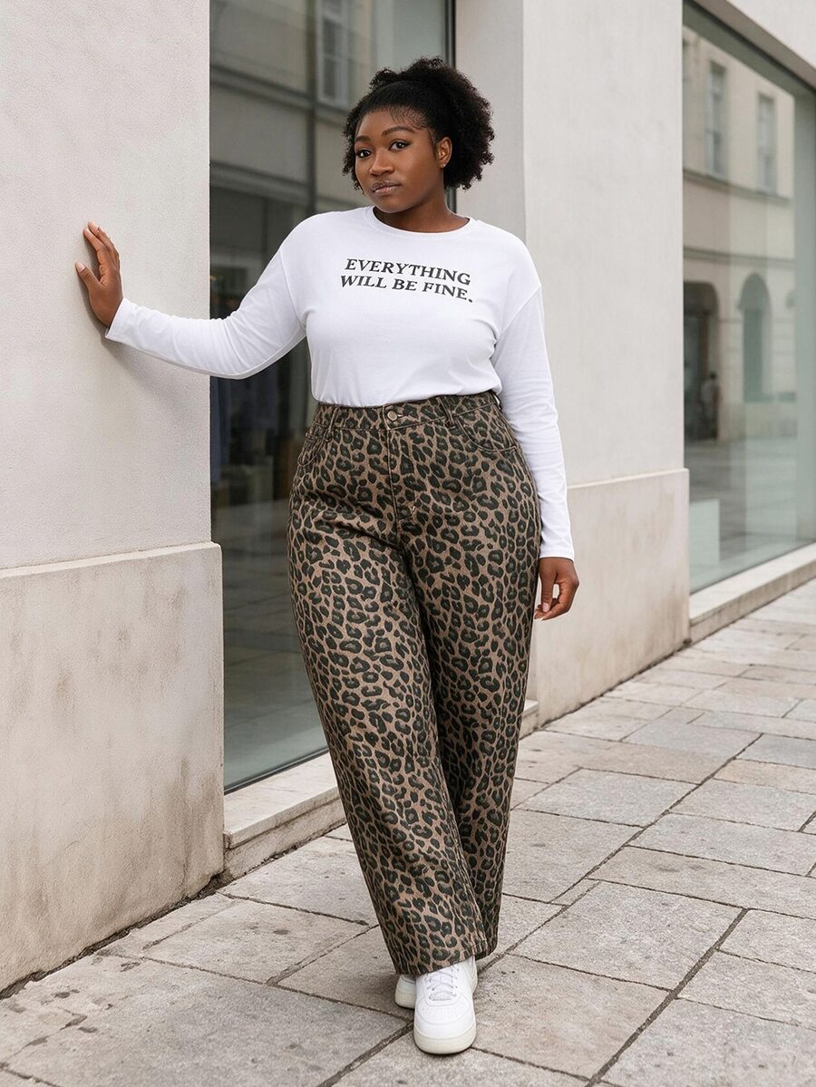 CurvyTilda Plus Size Women Leopard Print Straight Leg Jeans, Casual Street Style, Suitable For All Seasons School - Khaki - View 1