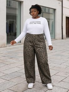 CurvyTilda Plus Size Women Leopard Print Straight Leg Jeans, Casual Street Style, Suitable For All Seasons School - Khaki - View 3