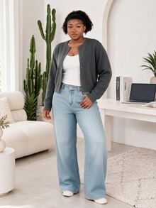 CurvyTilda Plus Size Casual Solid Color Round Neck Long Sleeve Loose Cropped Women's Cardigan Sweater Fall Winter - Grey - View 2