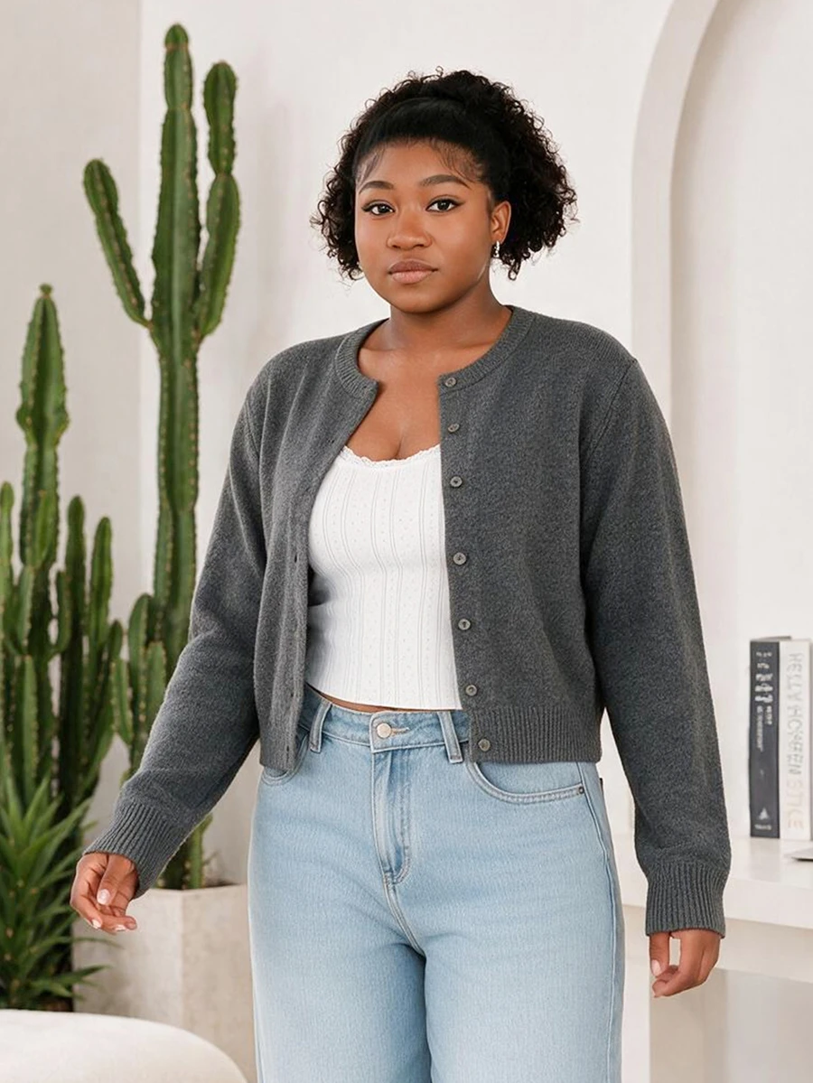 CurvyTilda Plus Size Casual Solid Color Round Neck Long Sleeve Loose Cropped Women's Cardigan Sweater Fall Winter - Grey - View 1