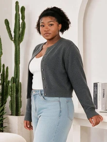 CurvyTilda Plus Size Casual Solid Color Round Neck Long Sleeve Loose Cropped Women's Cardigan Sweater Fall Winter - Grey - View 3