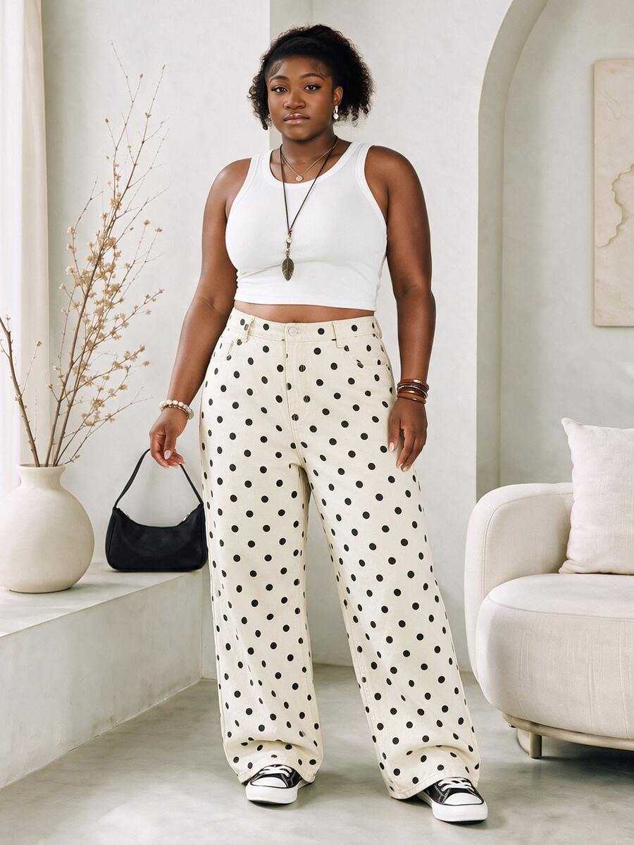 CurvyTilda Y2K Streetwear Casual Plus Size Leopard Print Baggy Jeans - Black and White - View 1