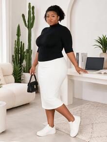 CurvyTilda Solid Color Elastic Fitted Casual Blogger Style Mock Neck 5-Sleeve Plus Size Women's Spring Summer Autumn Pullover Black T-Shirt - Black - View 2
