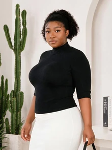 CurvyTilda Solid Color Elastic Fitted Casual Blogger Style Mock Neck 5-Sleeve Plus Size Women's Spring Summer Autumn Pullover Black T-Shirt - Black - View 3