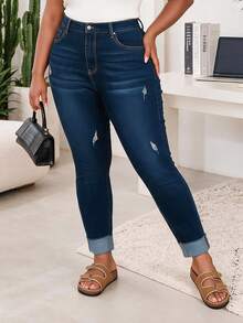 CurvyTilda Plus Size Women's Pocket Distressed Skinny Casual Versatile Jeans - Blue - View 3