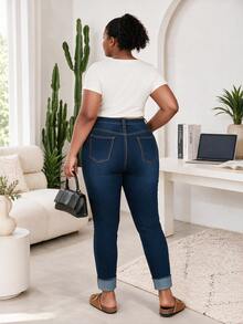 CurvyTilda Plus Size Women's Pocket Distressed Skinny Casual Versatile Jeans - Blue - View 4