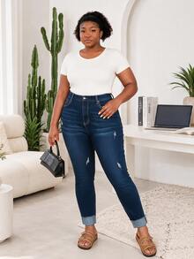 CurvyTilda Plus Size Women's Pocket Distressed Skinny Casual Versatile Jeans - Blue - View 2