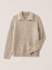 Calmiston Men's Wool Blend Textured Knit Polo Collar Sweater Button Half Placket Long Sleeve Solid Color Casual Pullover Autumn Winter Vacation Birthday Beige - Apricot - View 3