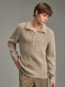Calmiston Men's Wool Blend Textured Knit Polo Collar Sweater Button Half Placket Long Sleeve Solid Color Casual Pullover Autumn Winter Vacation Birthday Beige - Apricot - View 10
