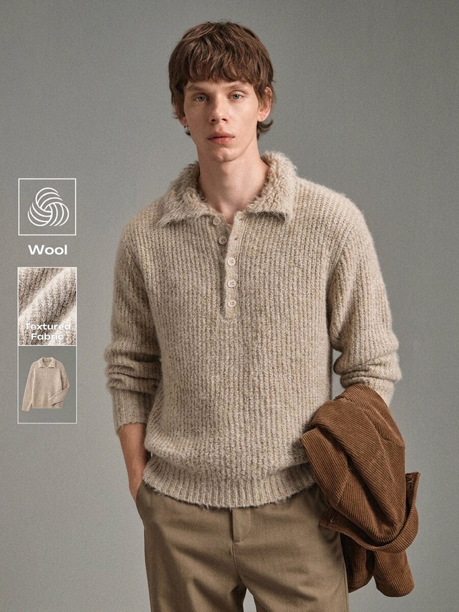 Calmiston Men's Wool Blend Textured Knit Polo Collar Sweater Button Half Placket Long Sleeve Solid Color Casual Pullover Autumn Winter Vacation Birthday Beige - Apricot - View 1