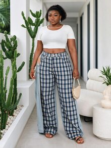 CurvyTilda Plus Size Women Plaid Casual Versatile Daily Wear Wide Leg Jeans - Blue - View 1