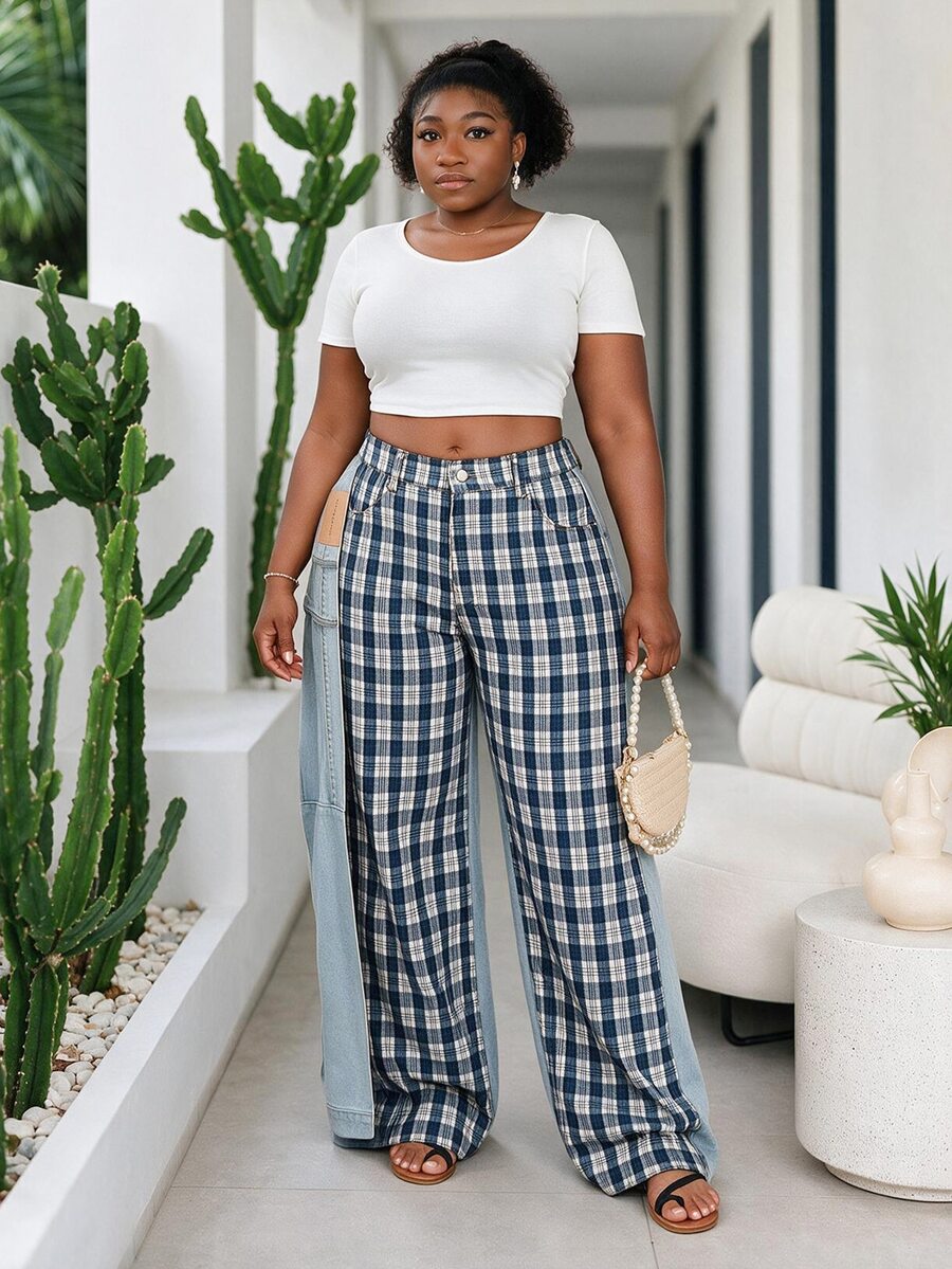CurvyTilda Plus Size Women Plaid Casual Versatile Daily Wear Wide Leg Jeans - Blue - View 1