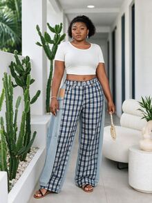 CurvyTilda Plus Size Women Plaid Casual Versatile Daily Wear Wide Leg Jeans - Blue - View 3