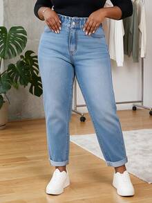 CurvyTilda Plus Size Comfortable Versatile Button Pocket Denim Jeans For Daily Wear - Medium Wash - View 4