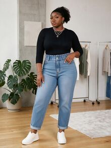 CurvyTilda Plus Size Comfortable Versatile Button Pocket Denim Jeans For Daily Wear - Medium Wash - View 1