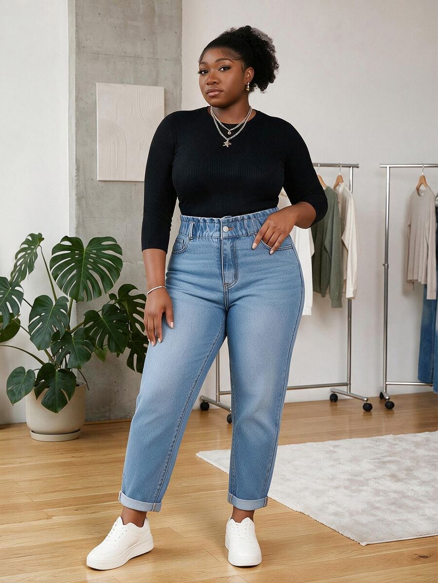 CurvyTilda Plus Size Comfortable Versatile Button Pocket Denim Jeans For Daily Wear - Medium Wash - View 1