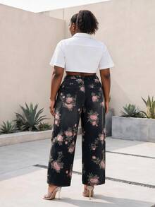 CurvyTilda Floral Print Straight Leg Long Plus Size Women Jeans - Black - View 4