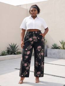 CurvyTilda Floral Print Straight Leg Long Plus Size Women Jeans - Black - View 1