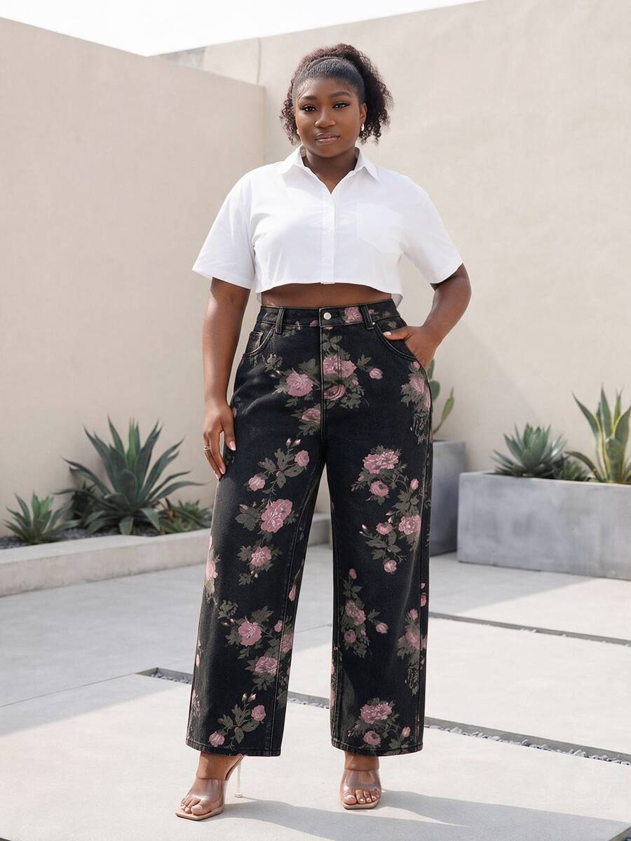 CurvyTilda Floral Print Straight Leg Long Plus Size Women Jeans - Black - View 1