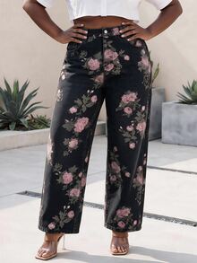 CurvyTilda Floral Print Straight Leg Long Plus Size Women Jeans - Black - View 3