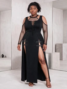 CurvyTilda Plus Solid Buckle Detail Split Thigh Skirt Fall Halloween - Black - View 3