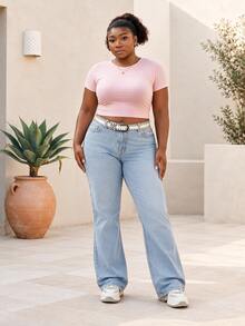 CurvyTilda Plus Embroidery Detail Flare Leg Jeans - Dark Wash - View 3