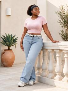 CurvyTilda Plus Embroidery Detail Flare Leg Jeans - Dark Wash - View 1