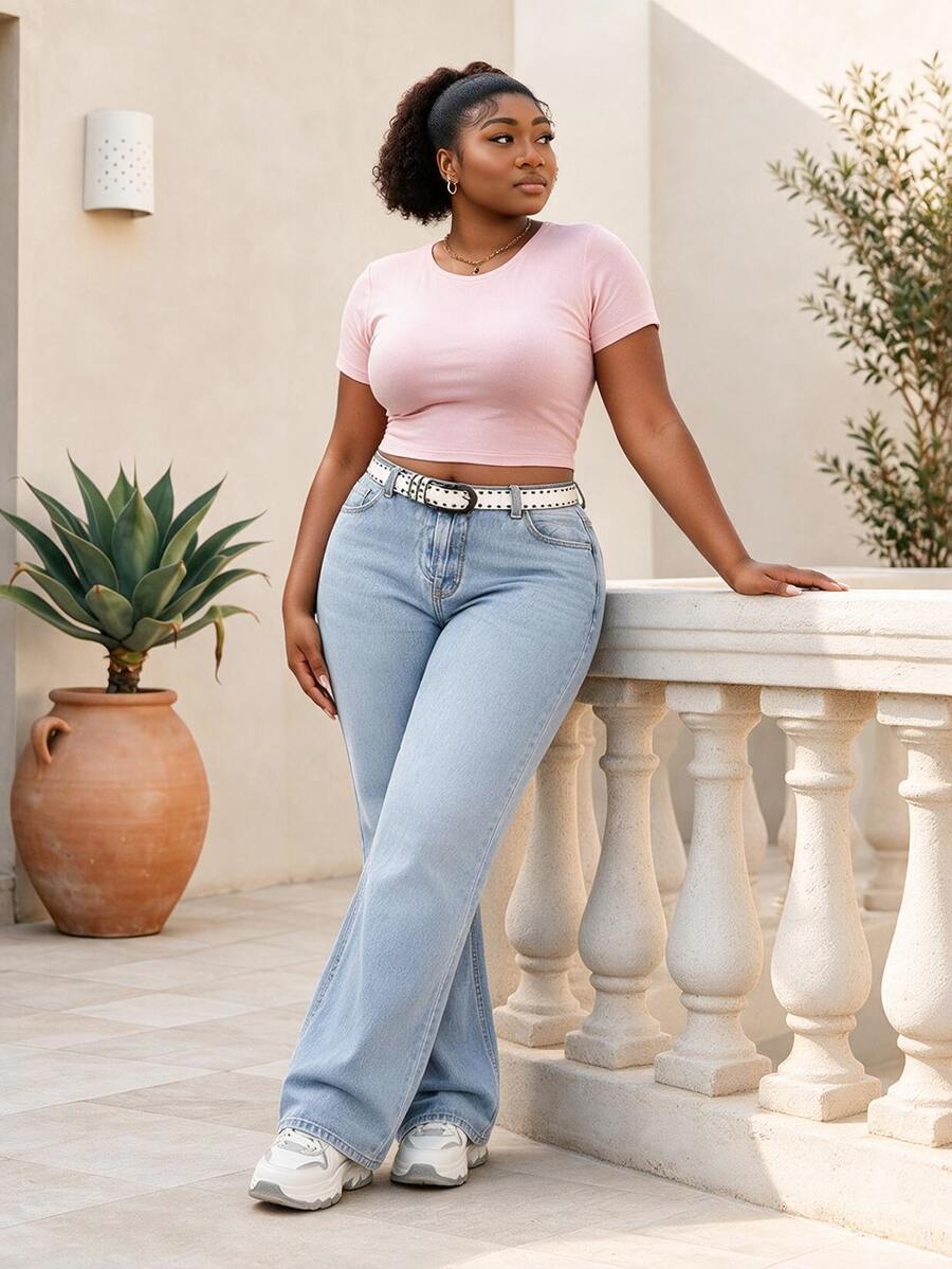 CurvyTilda Plus Embroidery Detail Flare Leg Jeans - Dark Wash - View 1