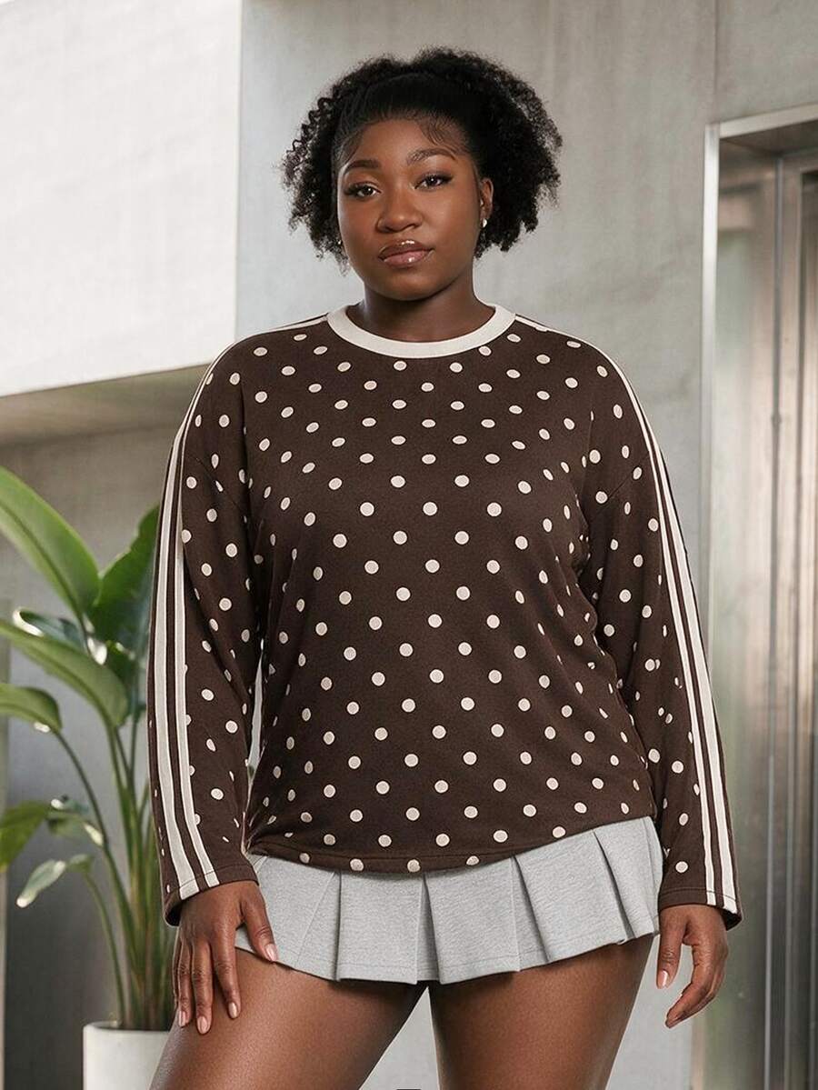 CurvyTilda Casual Streetwear Minimalist Polka Dot Pattern Plus Size Women's T-Shirt Spring Autumn Fall Vacation Formal Brown - Multicolor - View 1