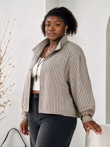 CurvyTilda New Versatile Retro Mocha Brown Plaid Print Woven Loose Fit Plus Size Jacket For Outings, Dates And City Walks Fall - Multicolor - View 4
