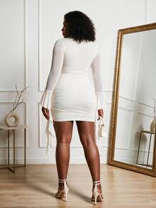 CurvyTilda Early Autumn Elegant Sexy Solid Allover White Tie-Neck Knot Sheer Mesh Long Sleeve Ruched Ruffle Patchwork Plus Size Mini Dress For Women Birthday - White - View 3