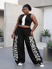 CurvyTilda Elastic Waist Letter Print Women's Street Style Pants Fall - Black - View 3