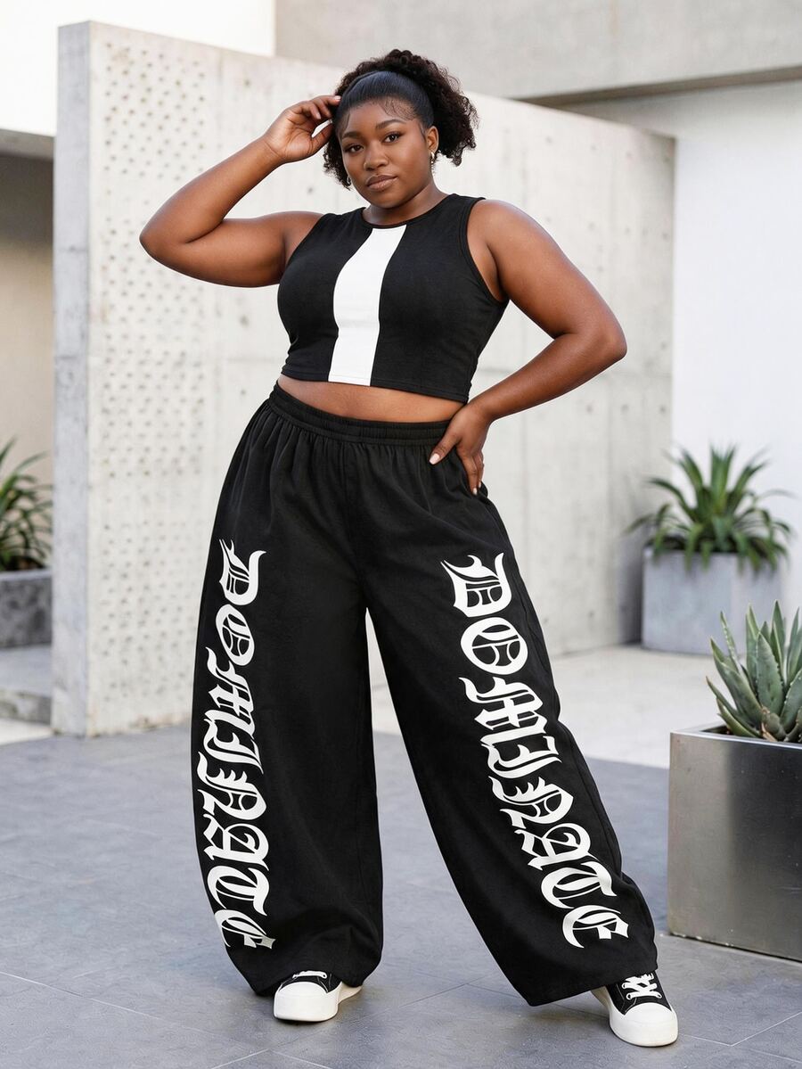 CurvyTilda Elastic Waist Letter Print Women's Street Style Pants Fall - Black - View 1