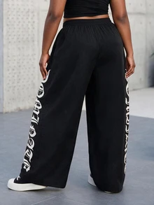 CurvyTilda Elastic Waist Letter Print Women's Street Style Pants Fall - Black - View 4