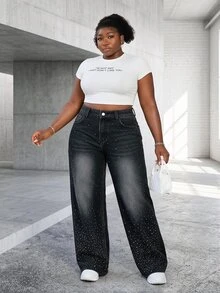 CurvyTilda Plus Size Women's Fashion Rhinestone Embellished Washed Denim Wide Leg Pants Rave Black Summer - Black - View 1