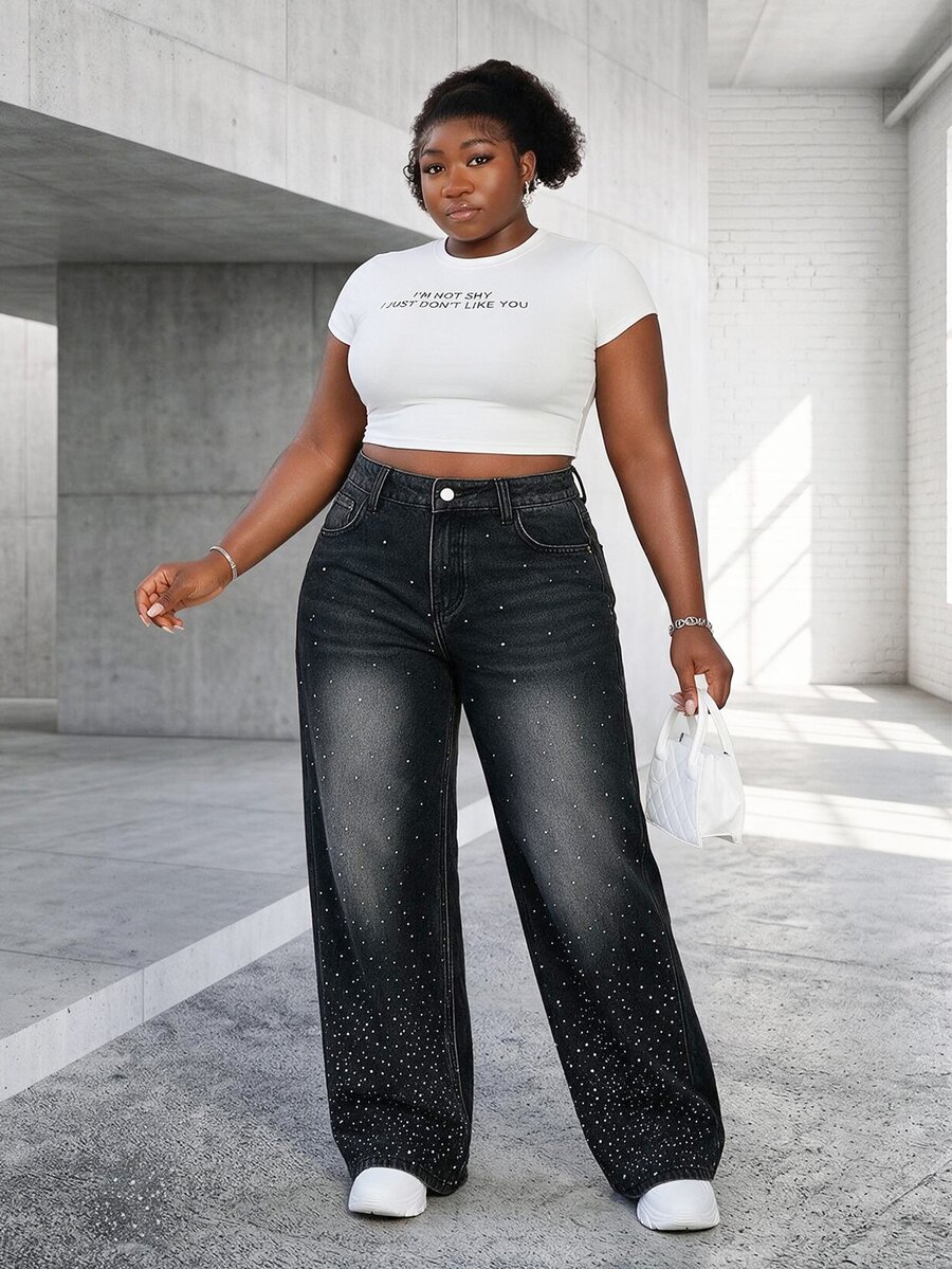 CurvyTilda Plus Size Women's Fashion Rhinestone Embellished Washed Denim Wide Leg Pants Rave Black Summer - Black - View 1