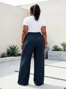 CurvyTilda Plus Size Versatile Elegant Casual Solid Color Wide Leg Pants, Suitable For Commuting Formal Office Bussines Bussines Bussines Navy Blue Autumn Fall - Navy Blue - View 2