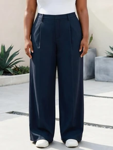 CurvyTilda Plus Size Versatile Elegant Casual Solid Color Wide Leg Pants, Suitable For Commuting Formal Office Bussines Bussines Bussines Navy Blue Autumn Fall - Navy Blue - View 3