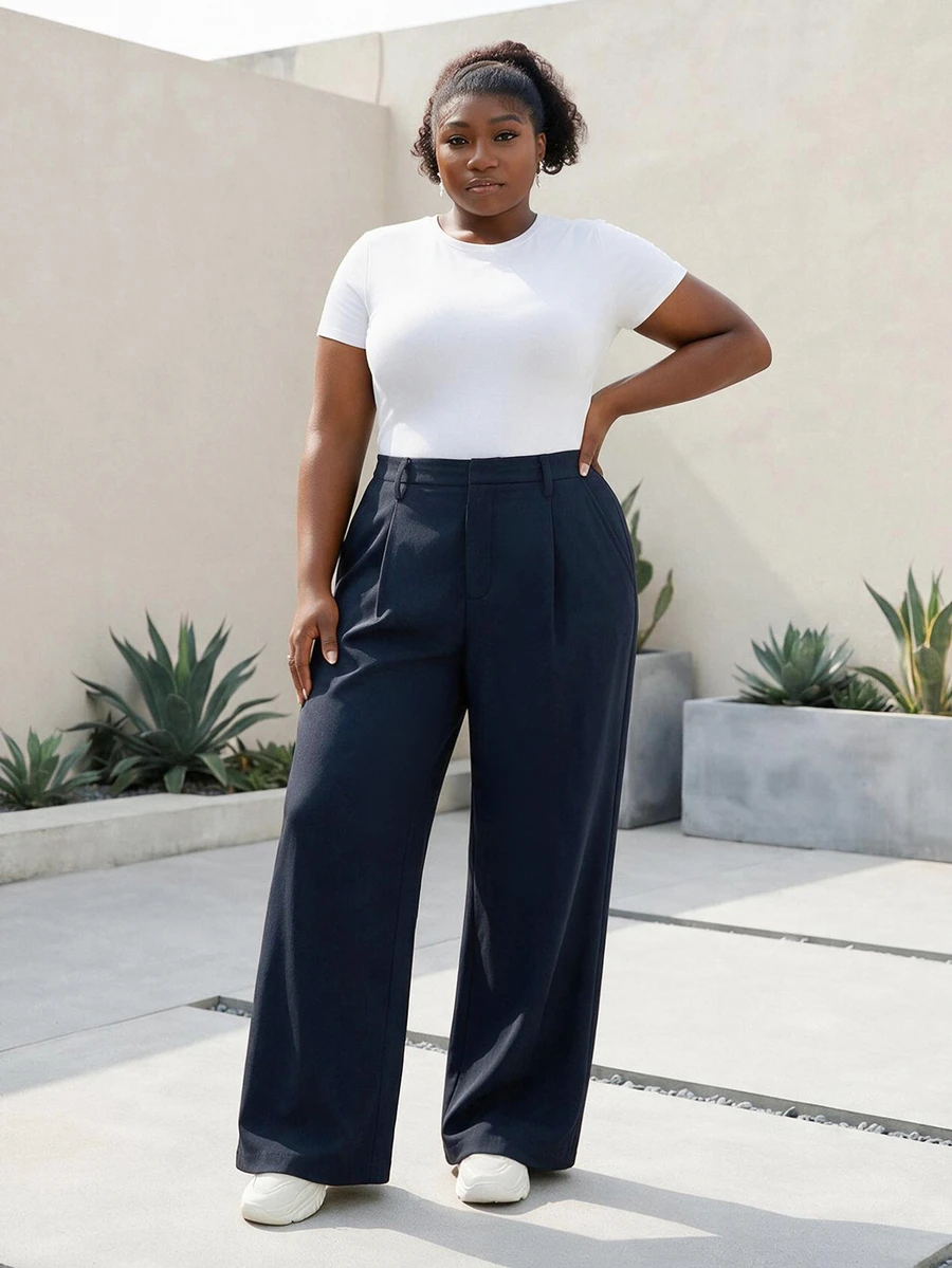 CurvyTilda Plus Size Versatile Elegant Casual Solid Color Wide Leg Pants, Suitable For Commuting Formal Office Bussines Bussines Bussines Navy Blue Autumn Fall - Navy Blue - View 1