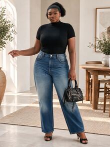 CurvyTilda Elastic Fitted Knit Casual High Neck Base Layer Short Sleeve Black Spring Summer Autumn Pullover T-Shirt - Black - View 2
