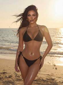 SHEIN Swim Conjunto de bikini de mujer para playa de verano con cuello de halter y broche de metal - Negro - Ver 2